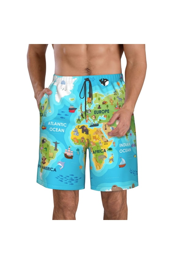 World Map With Animals Landmarks Print Mens Swim Trunks Quick Dry Board Shorts,Breathable Hawaii Beach Shorts Swimwear Bathing Suits-3X-Large