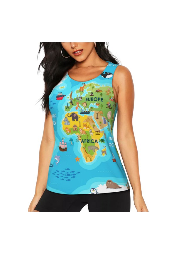 World Map With Animals Landmarks Print Women's Workout Tank Top, Dry Fit Summer Tank Top,Gym Yoga Workout Sports Tee,Sleeveless Athletic Shirts-Medium