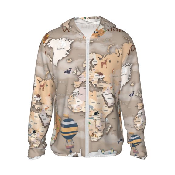 Logiee World Map With Animals Print Men's Women Light Jacket Full Zip Sun Protection Hoodie Long Sleeve Sun Shirts for Men Hiking Fishing Zip Pockets-Small
