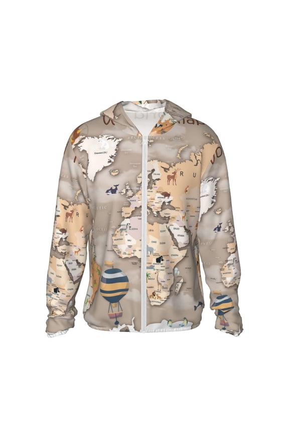 World Map With Animals Print Men's Women Light Jacket Full Zip Sun Protection Hoodie Long Sleeve Sun Shirts for Men Hiking Fishing Zip Pockets-Small