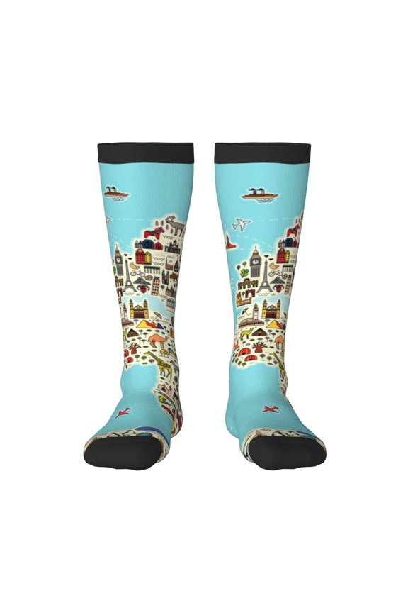 World Travel Line Icons Map Print Gift Stocking Stuffers,Adult Stockings,Novelty Socks,Funny Socks Birthday Running Walking Sleeping