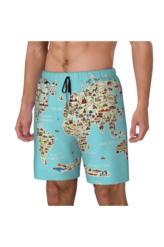 World Travel Line Icons Map Print Men's Swim Trunk,Quick Dry Board Shorts ,Men's Swim Trunks with Compression Liner, Bathing Suits with Pockets-Small
