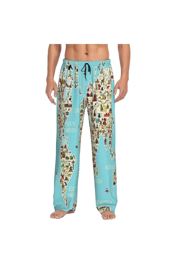 World Travel Line Icons Map Print Pajama Pants for Men,Men’s Pajama Bottoms,Mens PJ Pants with Pockets & Button Fly-X-Large