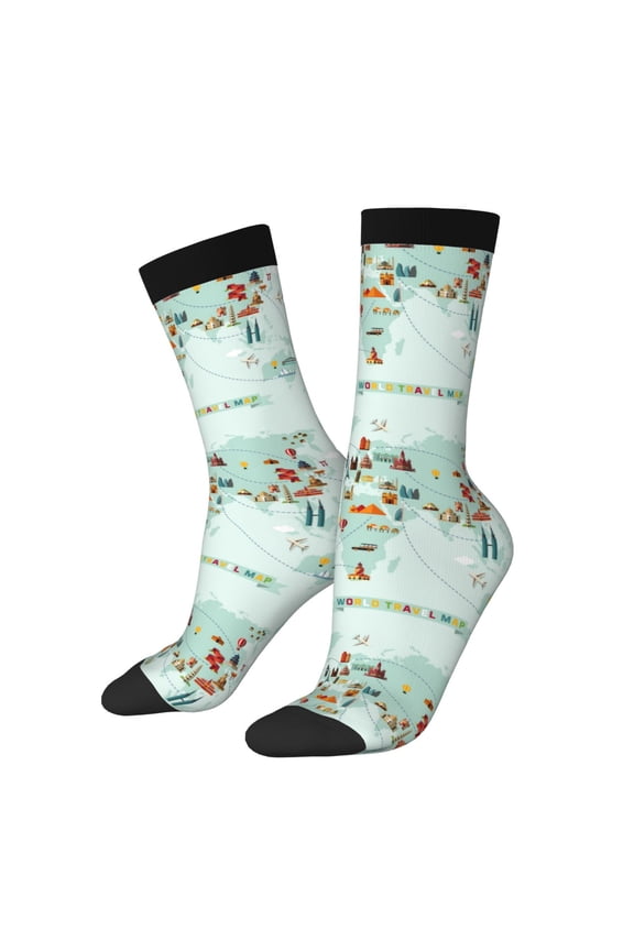 World Travel Map Print Adult Socks for Men & Women,Calf Socks, Ankle Socks,Boots Socks,Breathable Casual Sock,Unisex Crew Socks