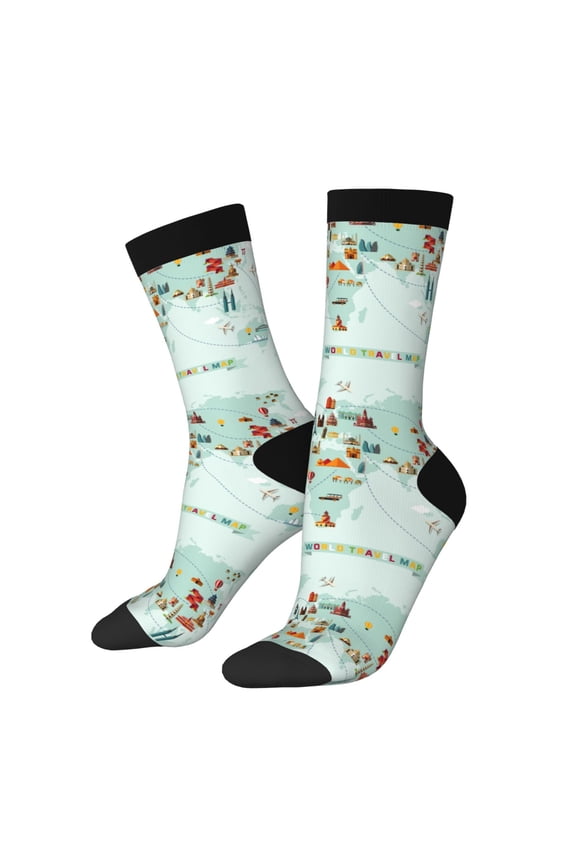 World Travel Map Print Adult Socks for Men & Women,Calf Socks, Ankle Socks,Boots Socks,Breathable Casual Sock,Unisex Crew Socks