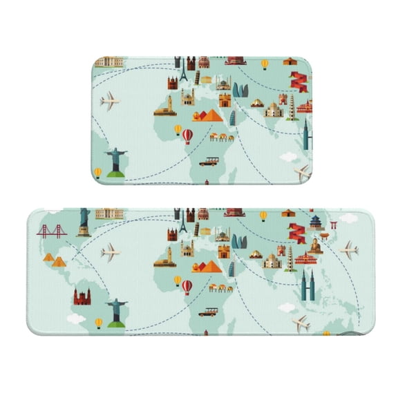 Logiee World Travel Map Print Kitchen Mats for Floor Sets of 2,Waterproof Kitchen Rugs,Non Slip Comfort Standing Mat Rug for Home,Runner,Sink,Office,Laundry