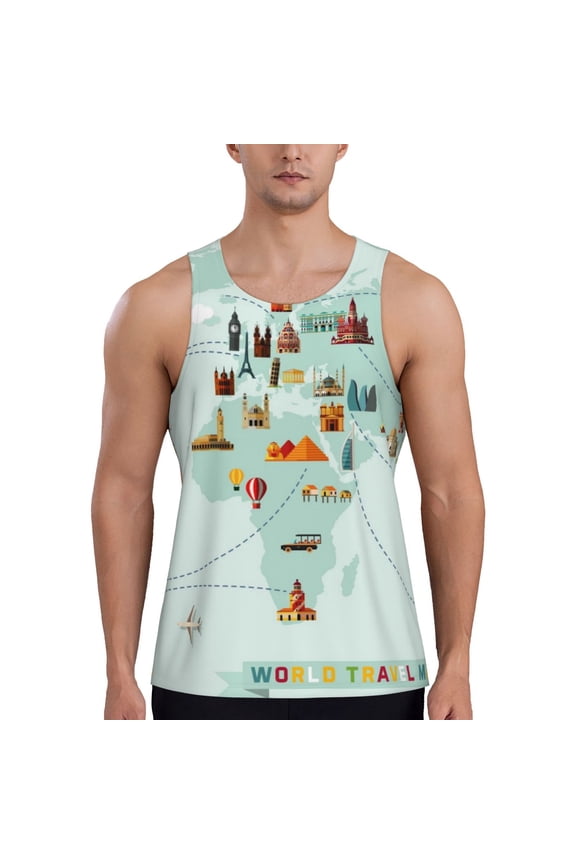 World Travel Map Print Men's Workout Tank Top,Quick Dry Workout Tank Top,Gym Muscle Tee,Fitness Bodybuilding Sleeveless T Shirt-Large
