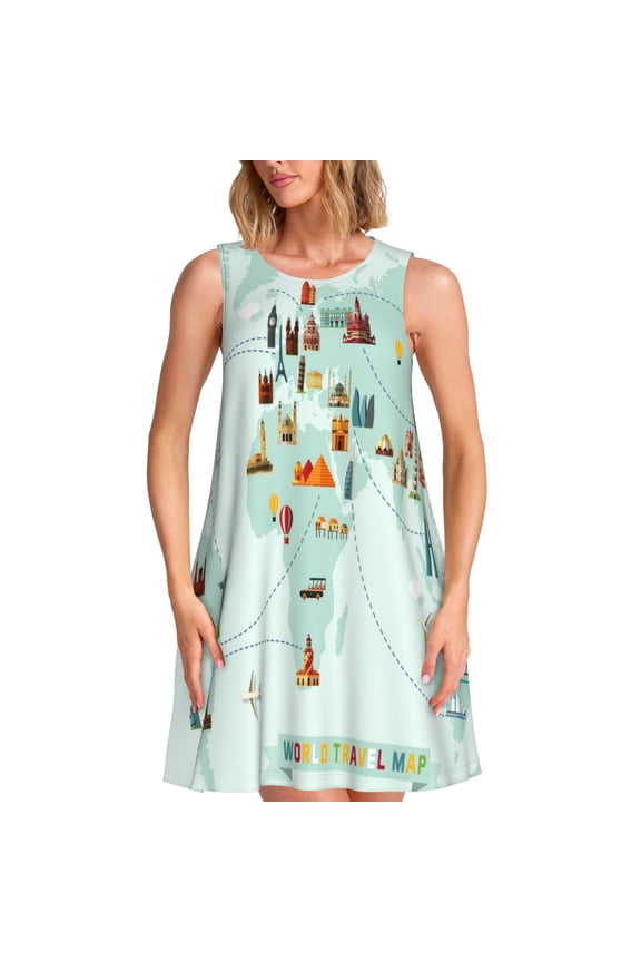 World Travel Map Print Summer Dresses for Women,Beach Sleeveless Flowy Pocket Tshirt Tank Sundresses,Women's Sleeveless Dress