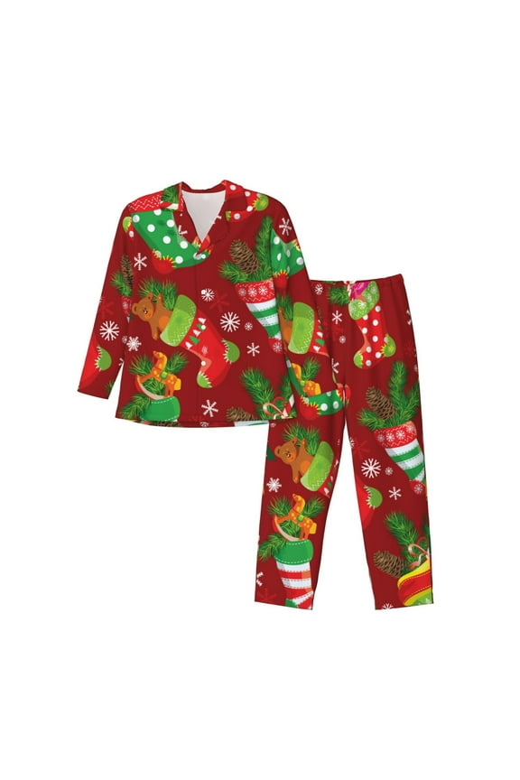 X-mas and New Year Print Mens Long Sleeve Pajama Set,Notched Collar Pajamas for Men, Men's Sleepwear,Mens Sleepwear with Pockets & Button Down-X-Large