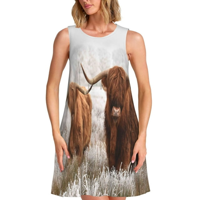 Logiee Yak Print Summer Dresses for Women,Beach Sleeveless Flowy Pocket Tshirt Tank Sundresses,Women's Sleeveless Dress