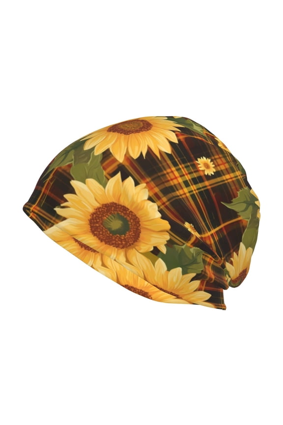 Yellow Black Plaid Sunflower Print Unisex Knit Beanie for Men Women Winter Hat,Beanies Skull Caps