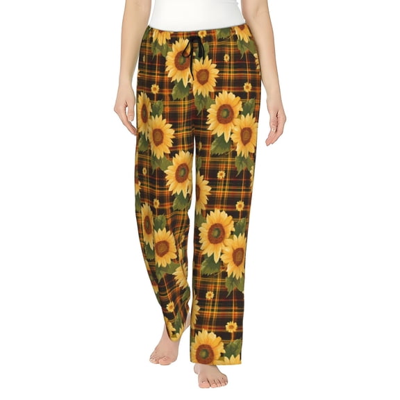 Logiee Yellow Black Plaid Sunflower Print Women Pajama Pants,Comfy Pj Bottom with Pockets & Drawstring,Stretch Casual Sleepwear-Small