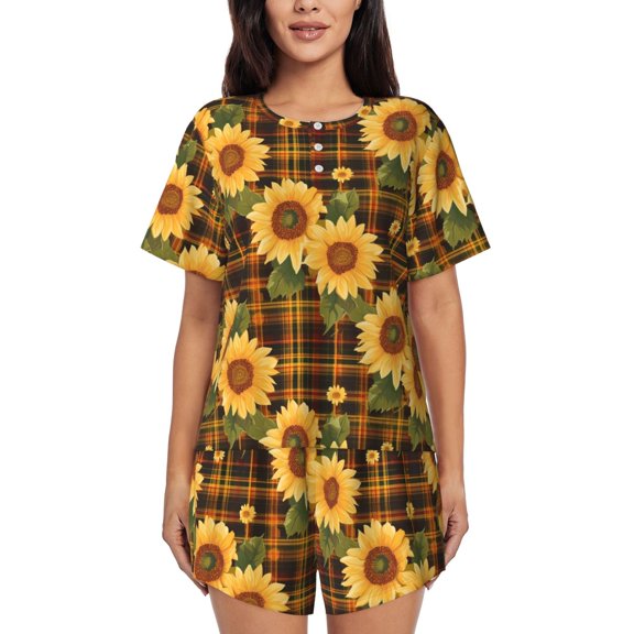 Logiee Yellow Black Plaid Sunflower Print Womens Pajamas Set,Short-Sleeve Pajama 2 Piece Sleepwear with Pockets-3X-Large