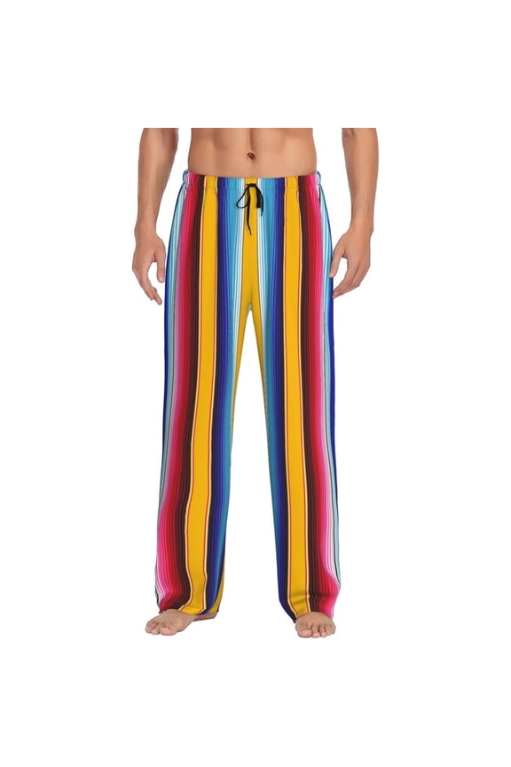 Yellow Blue Mexican Blanket Stripes Print Pajama Pants for Men,Men’s Pajama Bottoms,Mens PJ Pants with Pockets & Button Fly-Large