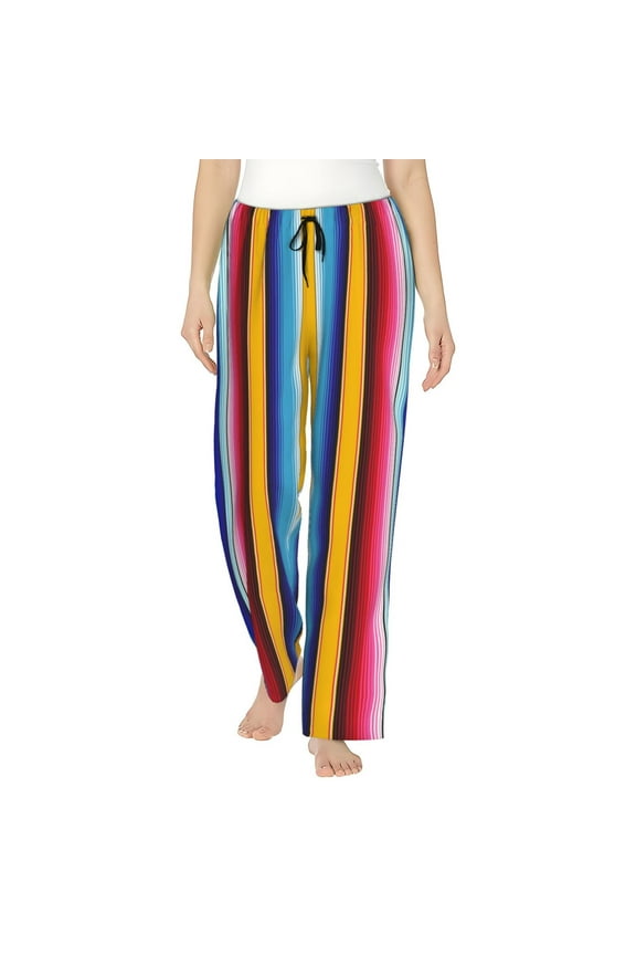 Yellow Blue Mexican Blanket Stripes Print Women Pajama Pants,Comfy Pj Bottom with Pockets & Drawstring,Stretch Casual Sleepwear-X-Large