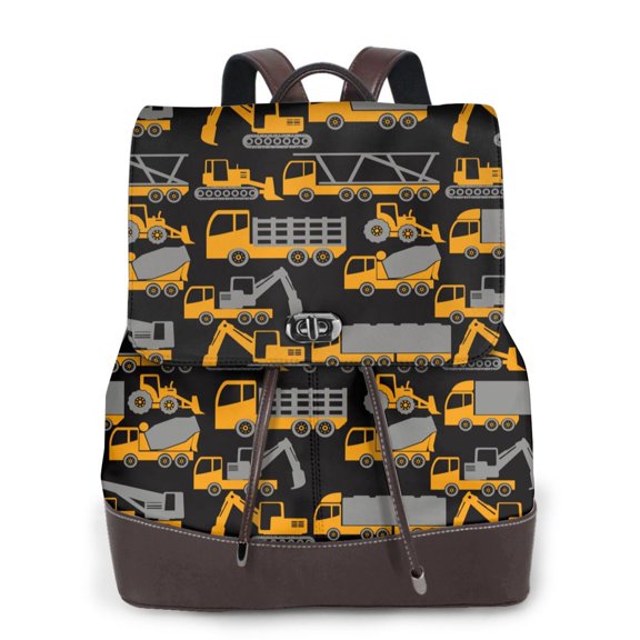 Gaeub Yellow Excavator Print Women's Leather Backpack,Travel Laptop Backpack,Fashion Ladies Leather Backpack Bag for Travel,Leather Drawstring Daypack for Me