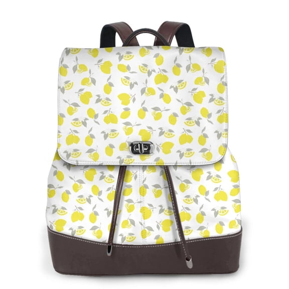 Logiee Yellow Lemon Leaves Print Backpack Purse for Women,Fashion Leather Backpack Purse,Women's Leather Backpack for Work College Travel