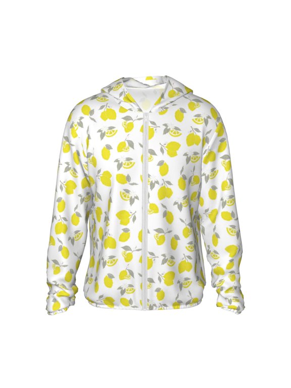 Yellow Lemon Leaves Print Men's Women Light Jacket Full Zip Sun Protection Hoodie Long Sleeve Sun Shirts for Men Hiking Fishing Zip Pockets-Large