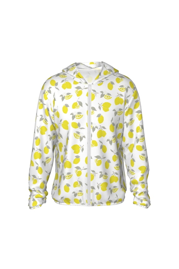 Yellow Lemon Leaves Print Men's Women Light Jacket Full Zip Sun Protection Hoodie Long Sleeve Sun Shirts for Men Hiking Fishing Zip Pockets-Large