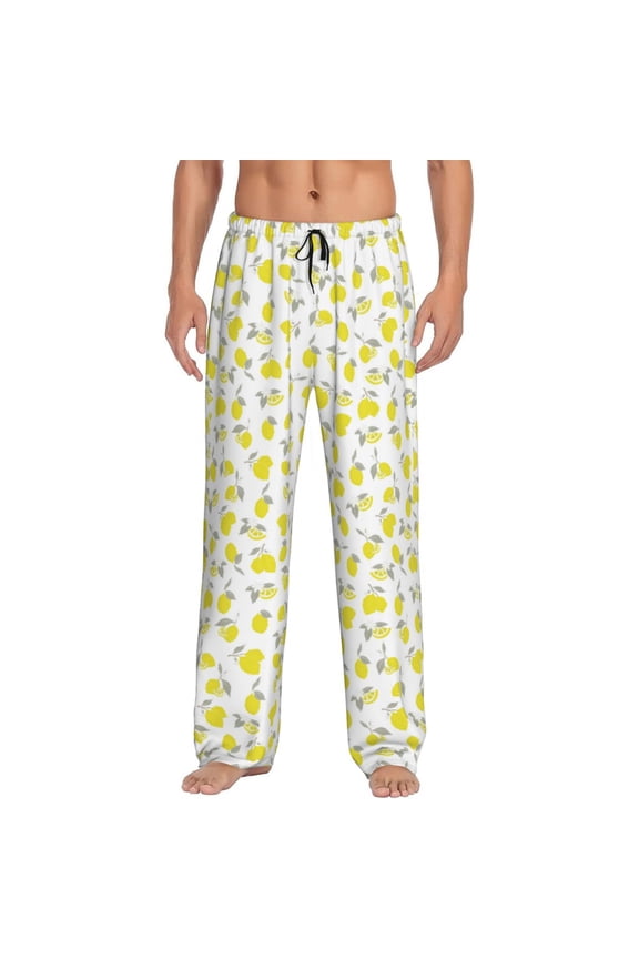 Yellow Lemon Leaves Print Pajama Pants for Men,Men’s Pajama Bottoms,Mens PJ Pants with Pockets & Button Fly-Large