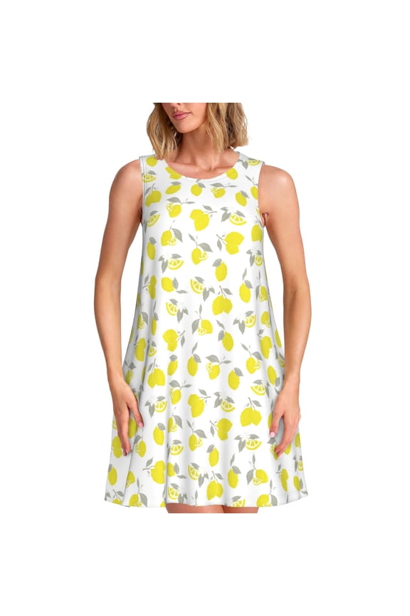 Yellow Lemon Leaves Print Summer Dresses for Women,Beach Sleeveless Flowy Pocket Tshirt Tank Sundresses,Women's Sleeveless Dress