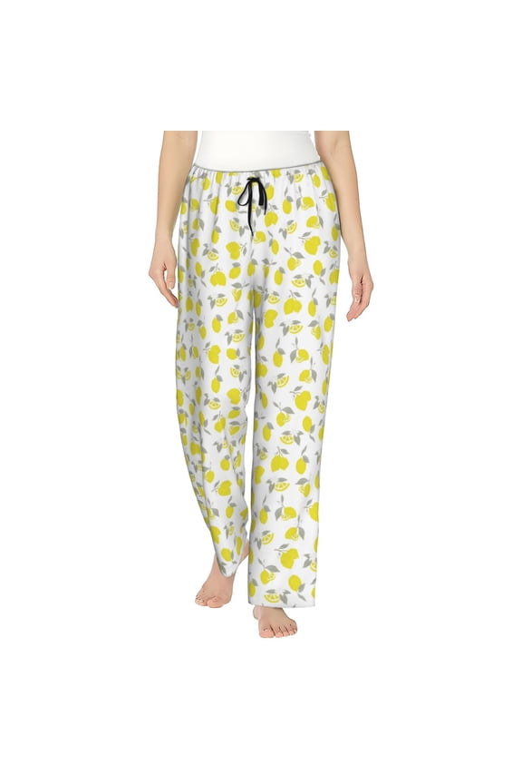 Yellow Lemon Leaves Print Women Pajama Pants,Comfy Pj Bottom with Pockets & Drawstring,Stretch Casual Sleepwear-XX-Large