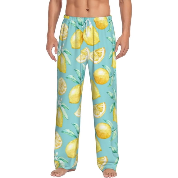 Logiee Yellow Lemon Print Pajama Pants for Men,Men’s Pajama Bottoms,Mens PJ Pants with Pockets & Button Fly-Large