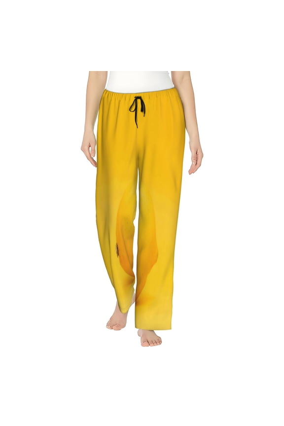 Yellow Lemon Print Women Pajama Pants,Comfy Pj Bottom with Pockets & Drawstring,Stretch Casual Sleepwear-Medium