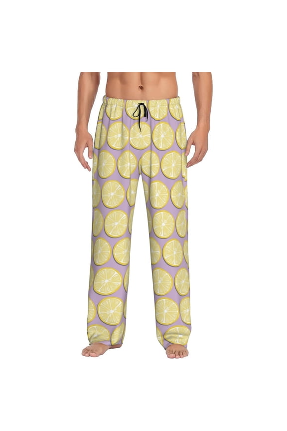 Yellow Lemon Slices Print Pajama Pants for Men,Men’s Pajama Bottoms,Mens PJ Pants with Pockets & Button Fly-Large