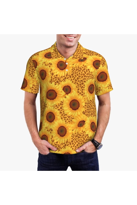 Yellow Leopard Print Sunflower Print Mens Polo Shirts,Mens Golf Polo Shirts,Short Sleeve Casual Polo Shirts for Men,Summer Fashion Beach Shirts-Small