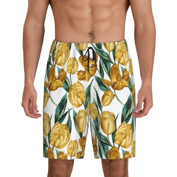 Logiee Yellow Tulips Print Men's Pajama Shorts with Drawstring & Pockets,Sleep Shorts for Men,Sleepwear Bottoms,Elastic Waistband Loungewear-X-Large