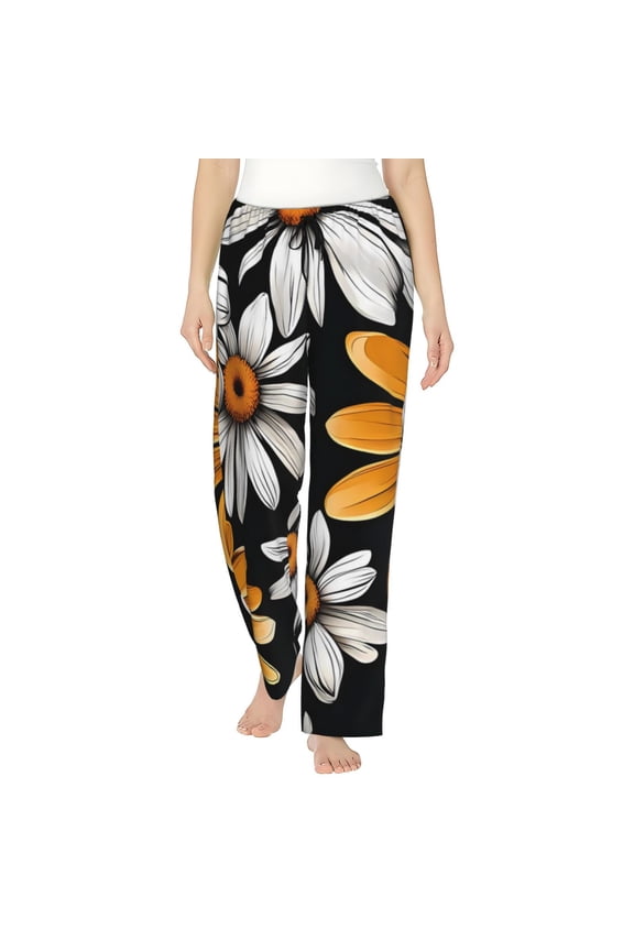 Yellow White Daisy Pattern Print Women Pajama Pants,Comfy Pj Bottom with Pockets & Drawstring,Stretch Casual Sleepwear-Large