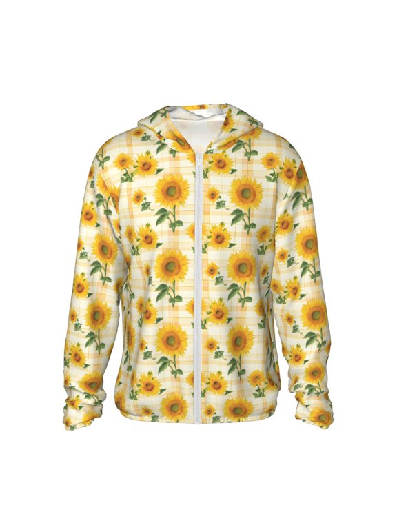 Yellow White Plaid Sunflower Print Men's Women Light Jacket Full Zip Sun Protection Hoodie Long Sleeve Sun Shirts for Men Hiking Fishing Zip Pockets-