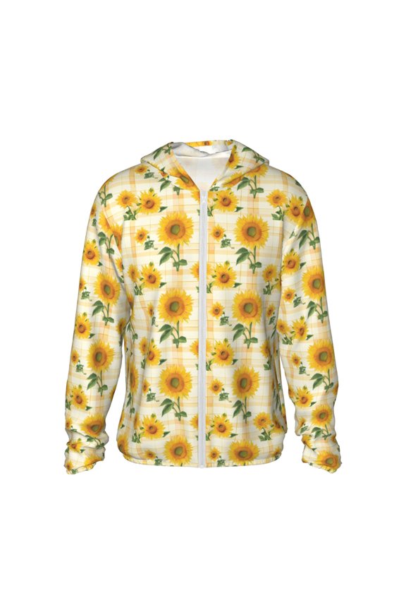 Yellow White Plaid Sunflower Print Men's Women Light Jacket Full Zip Sun Protection Hoodie Long Sleeve Sun Shirts for Men Hiking Fishing Zip Pockets-