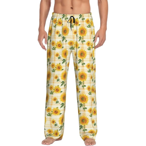Logiee Yellow White Plaid Sunflower Print Pajama Pants for Men,Men’s Pajama Bottoms,Mens PJ Pants with Pockets & Button Fly-Small