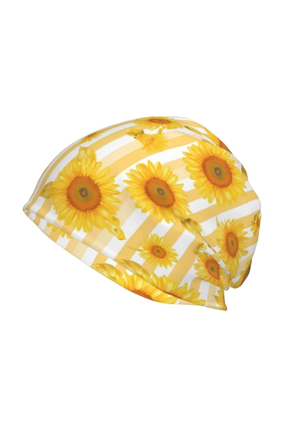 Yellow White Striped Sunflower Print Unisex Knit Beanie for Men Women Winter Hat,Beanies Skull Caps