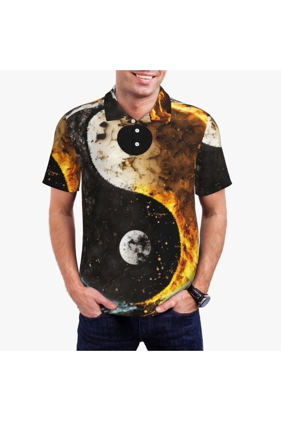 Yin Yang Print Mens Polo Shirts,Mens Golf Polo Shirts,Short Sleeve Casual Polo Shirts for Men,Summer Fashion Beach Shirts-3X-Large
