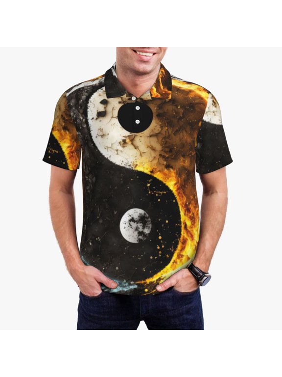 Yin Yang Print Mens Polo Shirts,Mens Golf Polo Shirts,Short Sleeve Casual Polo Shirts for Men,Summer Fashion Beach Shirts-3X-Large
