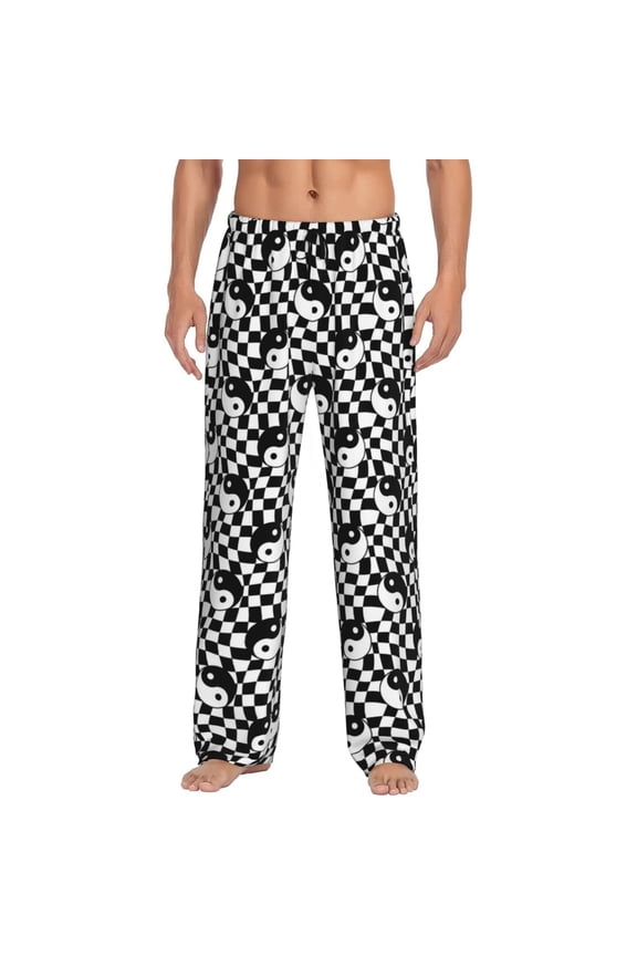 Ying Yang Checkered Print Pajama Pants for Men,Men’s Pajama Bottoms,Mens PJ Pants with Pockets & Button Fly-3X-Large