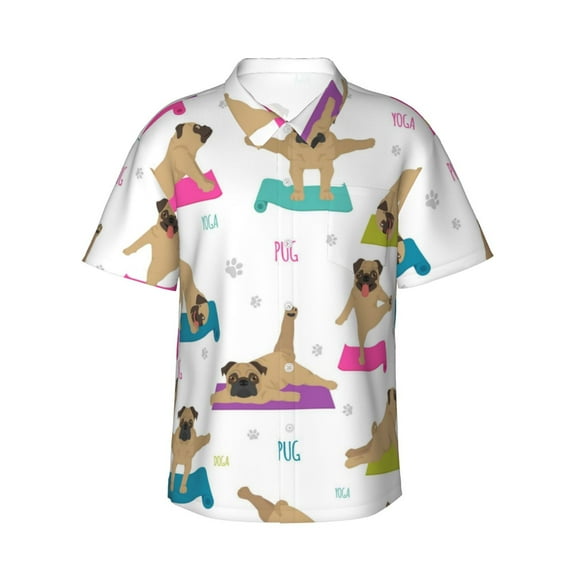 Logiee Yoga Dogs Poses Print Mens Hawaiian Shirts,Loose-Fit Short Sleeve Button Down Tropical Aloha Beach Shirt,Summer Vacation Wedding Tops,Small