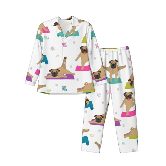 Logiee Yoga Dogs Poses Print Mens Long Sleeve Pajama Set,Notched Collar Pajamas for Men, Men's Sleepwear,Mens Sleepwear with Pockets & Button Down-Medium