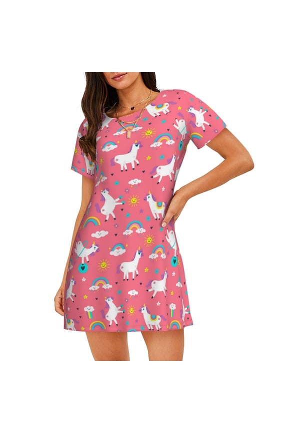 Yoga Unicorn Print Nightgowns for Women,Soft Short-Sleeved Lightweight Sleepwear, Loose Sleepshirts