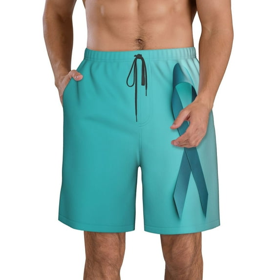 Logiee a Teal Ribbonin Print Mens Swim Trunks Quick Dry Board Shorts,Breathable Hawaii Beach Shorts Swimwear Bathing Suits-Large
