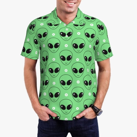 Logiee alien cartoons Print Mens Polo Shirts,Mens Golf Polo Shirts,Short Sleeve Casual Polo Shirts for Men,Summer Fashion Beach Shirts-Small