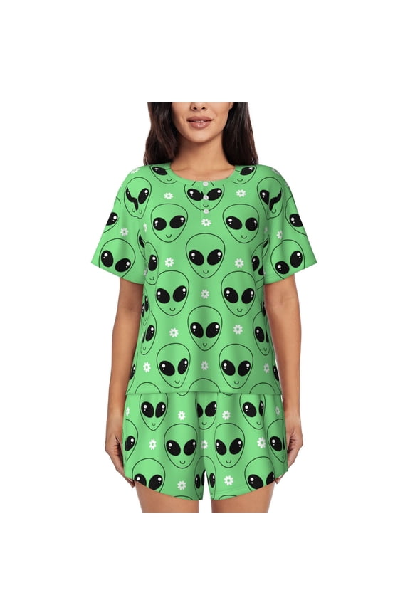 alien cartoons Print Womens Pajamas Set,Short-Sleeve Pajama 2 Piece Sleepwear with Pockets-Large