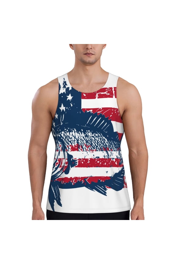 bass fish with the USA flag Print Men's Workout Tank Top,Quick Dry Workout Tank Top,Gym Muscle Tee,Fitness Bodybuilding Sleeveless T Shirt-3X-Large