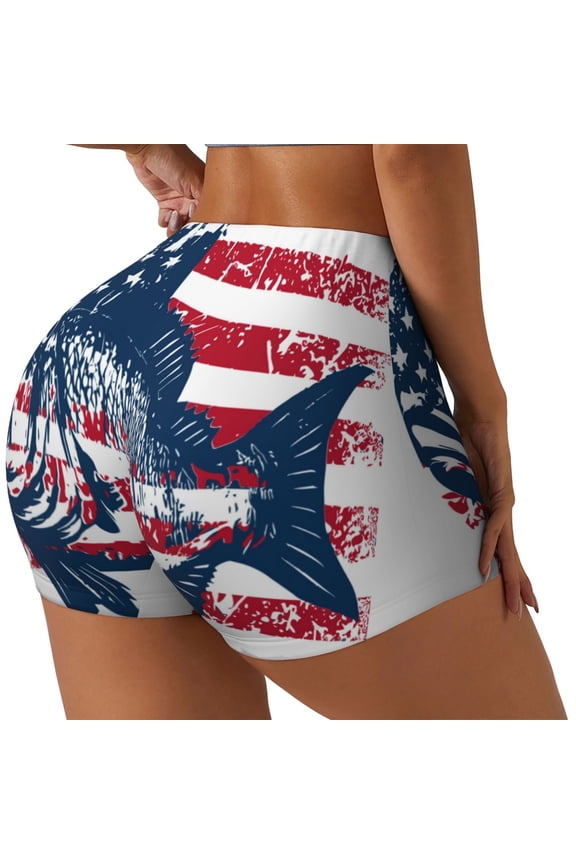 bass fish with the USA flag Print Women's Biker Shorts,Workout Gym Shorts,Scrunch Shorts,Tummy Control Hidden Scrunch Running Yoga Shorts-Medium