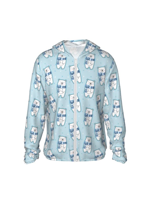 blue Scarf Bear Print Men's Women Light Jacket Full Zip Sun Protection Hoodie Long Sleeve Sun Shirts for Men Hiking Fishing Zip Pockets-X-Large