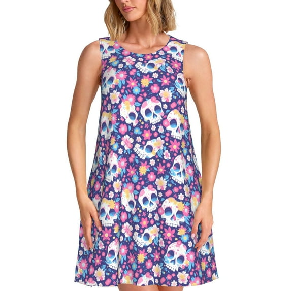 Logiee blue flower Skull colorful Print Summer Dresses for Women,Beach Sleeveless Flowy Pocket Tshirt Tank Sundresses,Women's Sleeveless Dress