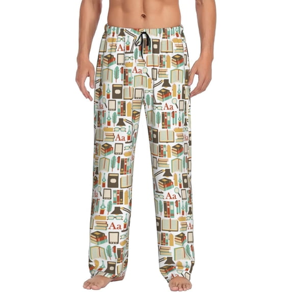 Logiee books Print Pajama Pants for Men,Men’s Pajama Bottoms,Mens PJ Pants with Pockets & Button Fly-Small